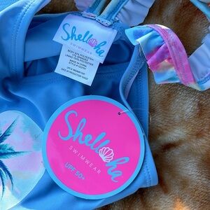 NWT Shellha Shell*ha Swimwear UPF50+ 2 pc Tankini Palm Trees Blue Pastel Girl 10